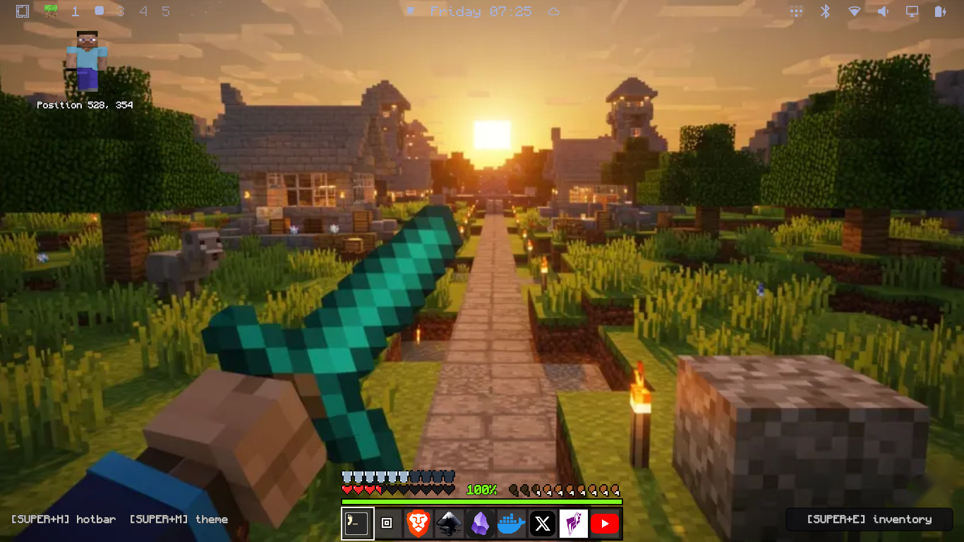 HUD over a sunset village with hotbar, hearts, XP bar and Steve