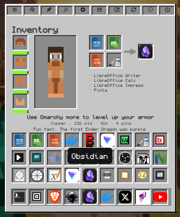 Inventory detail with craft row, app suggestions and Obsidian tooltip