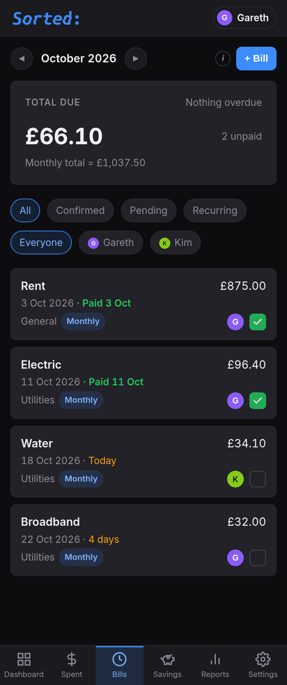 Bills — paid and upcoming, each counting down to its date