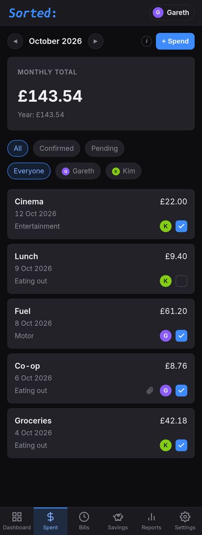 Spend list with month navigation, filter chips, and the tick that says the money has gone